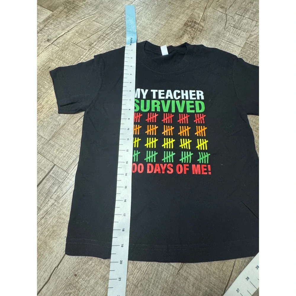 100 Days of School Kids T-Shirt My Teacher Survived Black Graphic Size 130 7/8